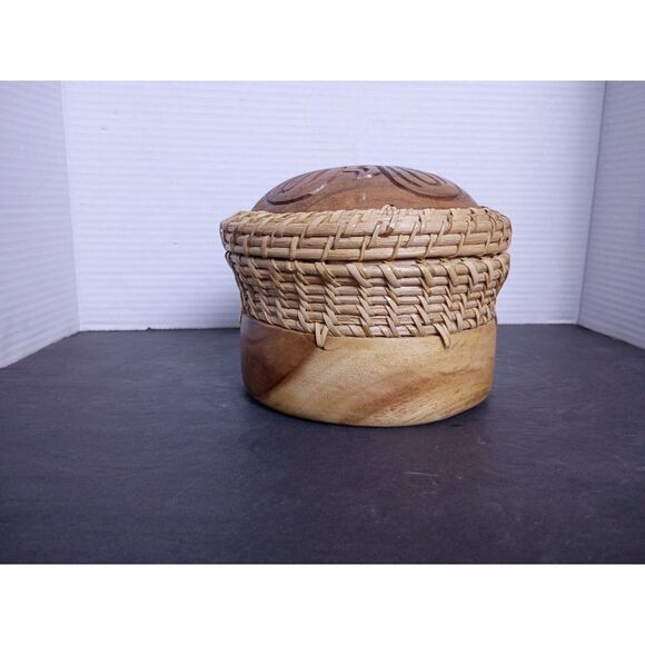 Vintage Indonesian Natural Carved Wood and Rattan Basket Tissue Dispenser - Picture 8 of 8